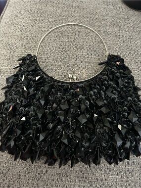 Black Beaded Evening Clutch with Silver Handle